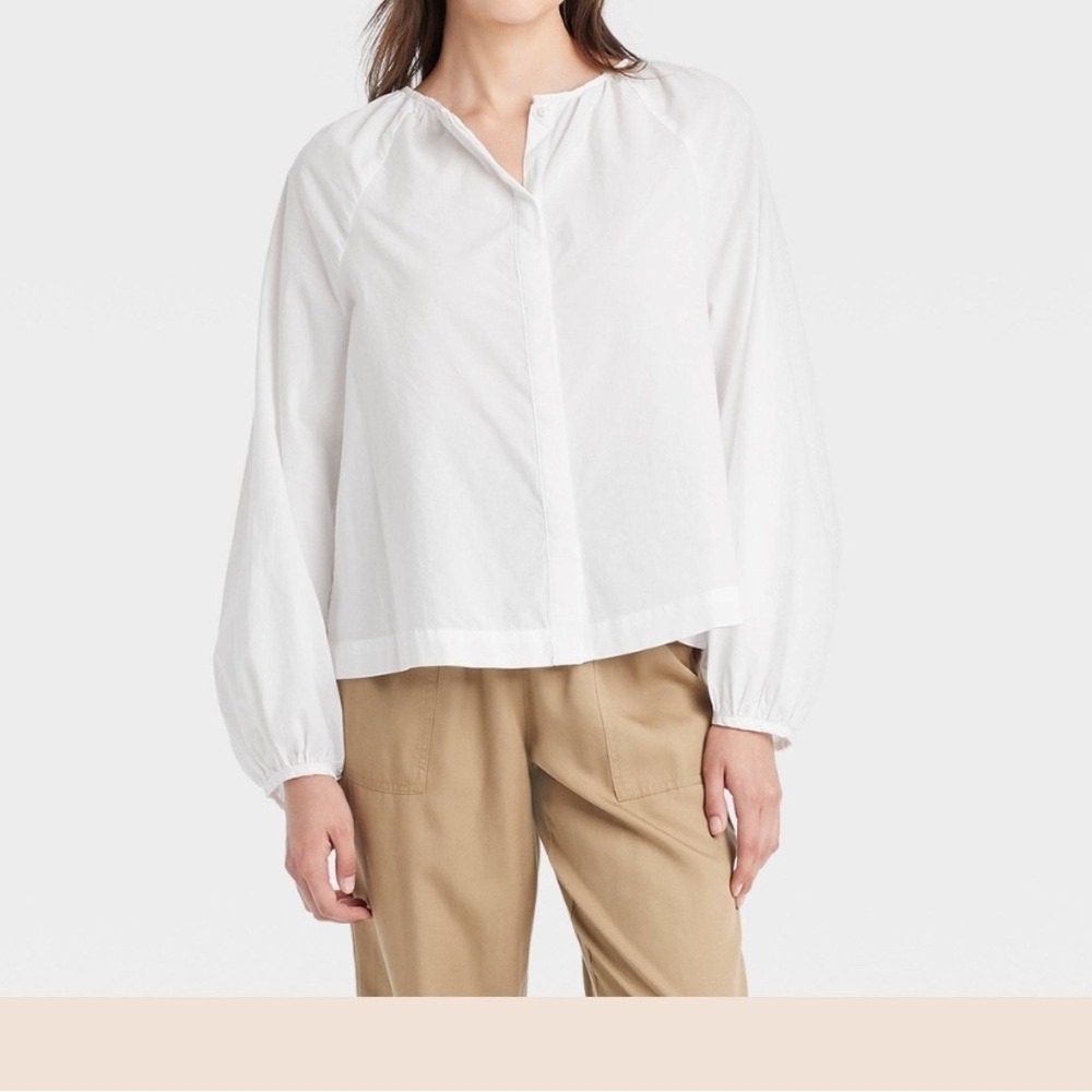 Universal Thread Womens White Cotton Poplin Puff Sleeve Blouse Large Z9PM76